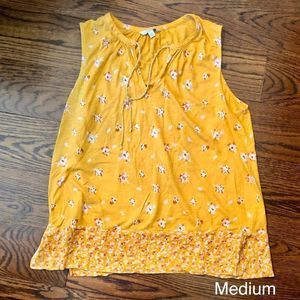 LUCKY BRAND Womens Golden Yellow Floral Sleeveless Tie Neck Top Sz Medium